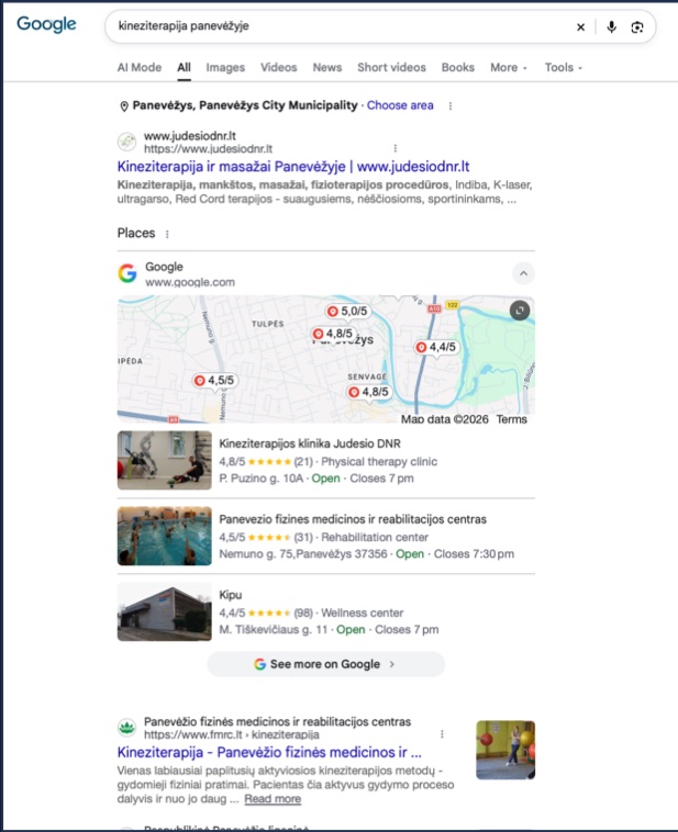„Google“ paieškos rezultatai užklausai „kineziterapija panevėžyje“: Judesio DNR svetainė – pirmas organinis rezultatas, klinika – pirma „Google Maps“ bloke
